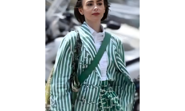 Emily in Paris: Season 5 Lily Collins Emily’s Shawl Collar Striped Smoking Jacket – Green & White