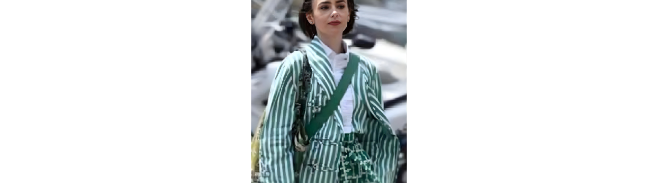 Emily in Paris: Season 5 Lily Collins Emily’s Shawl Collar Striped Smoking Jacket – Green & White