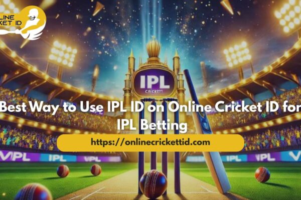Best Way to Use IPL ID on Online Cricket ID for IPL Betting banner featuring a grand cricket stadium under bright floodlights, a golden IPL trophy in the center with “IPL Cricket” logo, cheering crowd in the background, cricket bat and balls on the pitch, Online Cricket ID logo in the top left corner, and website link https://onlinecricketid.com displayed prominently in a yellow bar.