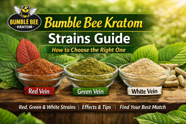 Different varieties of Bumble Bee Kratom strains displayed in labeled containers showcasing red, green, and white vein kratom options.