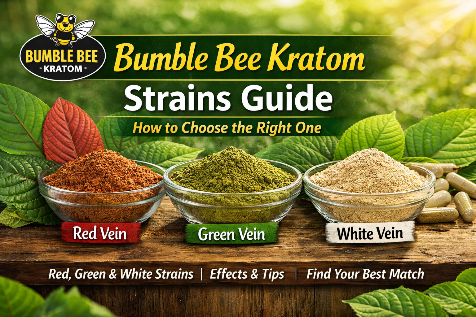Different varieties of Bumble Bee Kratom strains displayed in labeled containers showcasing red, green, and white vein kratom options.