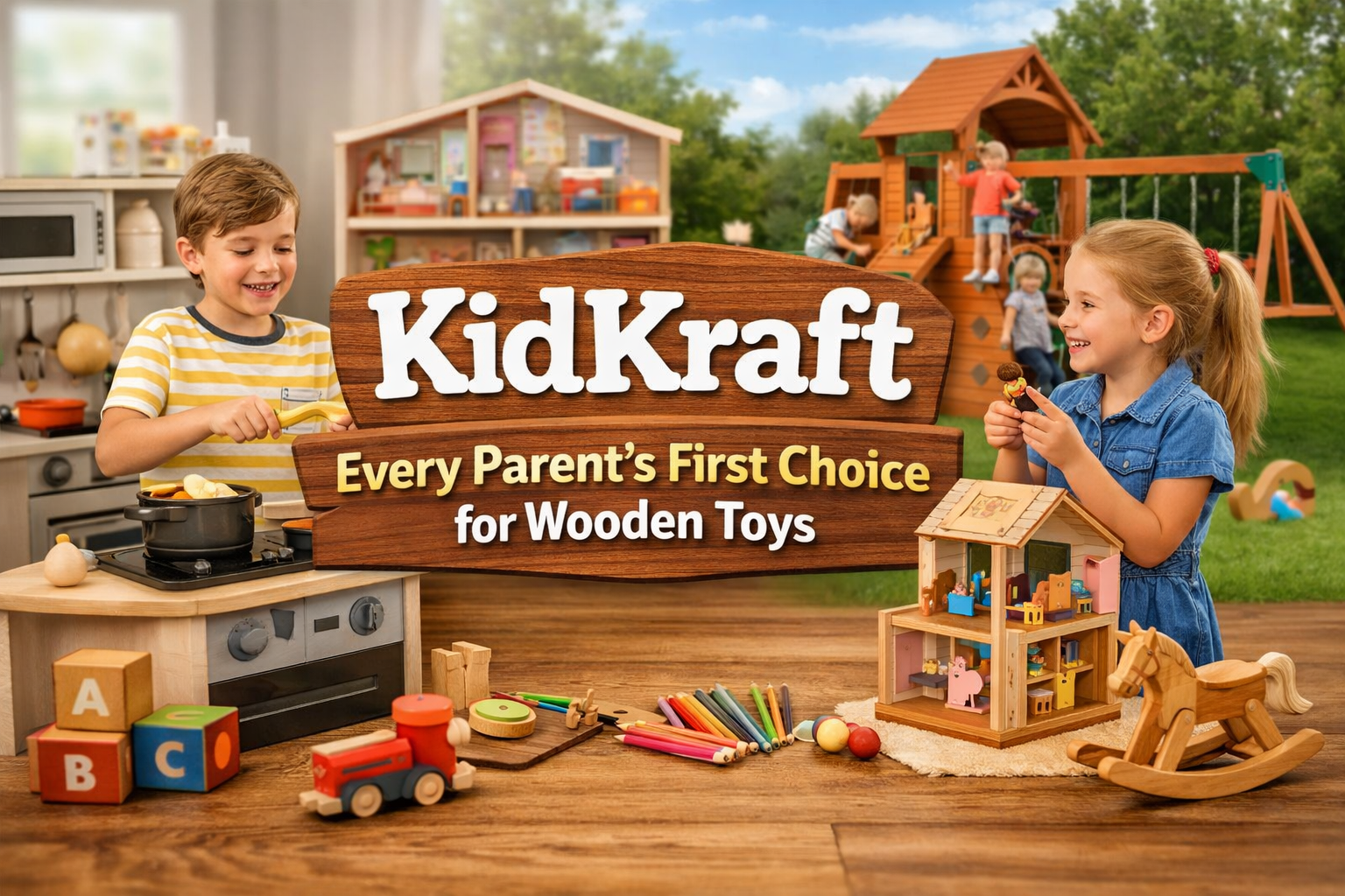 Kidkraft Swing Set by Toys UAE installed in a fun backyard play area designed for safe and active outdoor fun