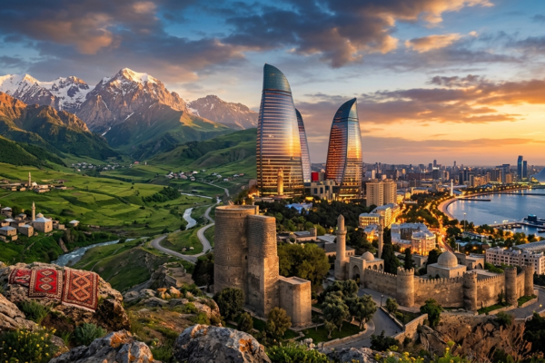 Modern skyline of Baku featuring Flame Towers alongside historic old city and scenic mountains