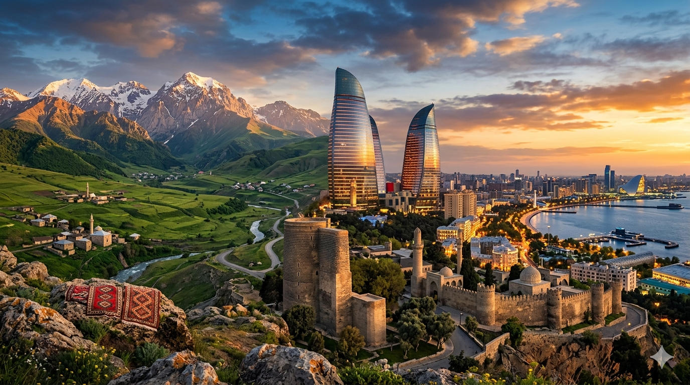 Modern skyline of Baku featuring Flame Towers alongside historic old city and scenic mountains