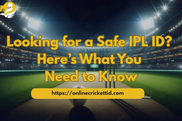 A cricket stadium at night under bright floodlights with a pitch and ball in the foreground. Overlaid text reads “Looking for a Safe IPL ID? Here’s What You Need to Know,” promoting an IPL Betting ID service. The “Online Cricket ID” logo appears in the top corner, and the website “https://onlinecricketid.com” is displayed at the bottom.