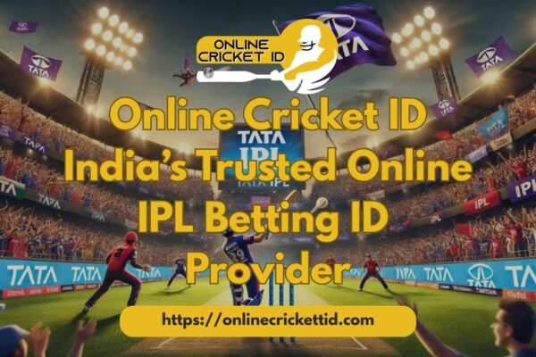 Cricket stadium scene during an IPL match with bright floodlights and a cheering crowd, featuring a batsman playing on the pitch. The banner promotes Online Cricket ID with the text “India’s Trusted Online IPL Betting ID Provider” and displays the website link “https://onlinecricketid.com” .