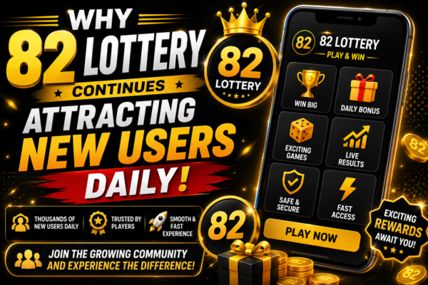 Black and gold themed 82 Lottery promotional thumbnail showing a mobile gaming app interface with rewards, fast access, exciting games, live results, and new user benefits for Android players.