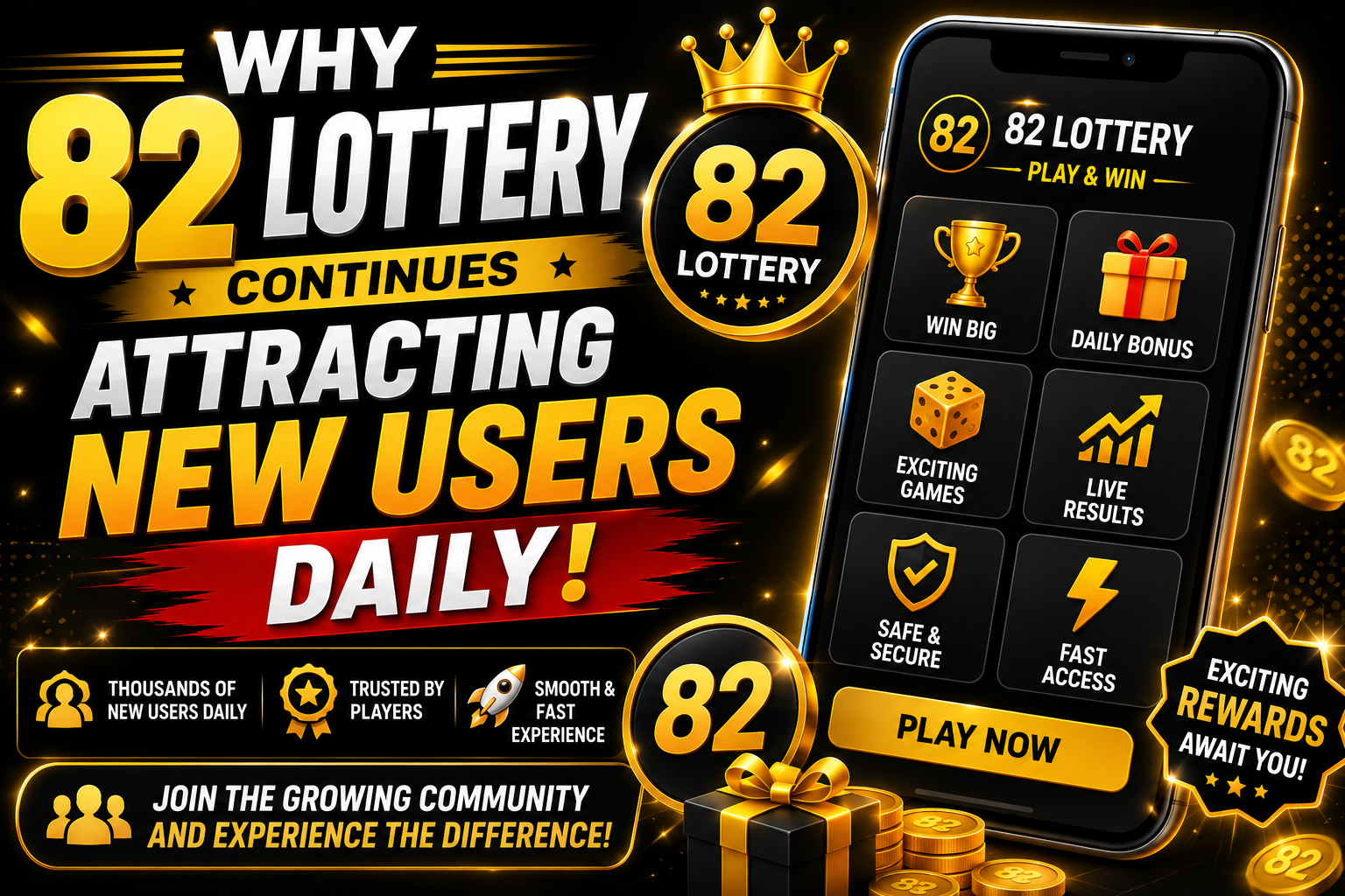 Black and gold themed 82 Lottery promotional thumbnail showing a mobile gaming app interface with rewards, fast access, exciting games, live results, and new user benefits for Android players.