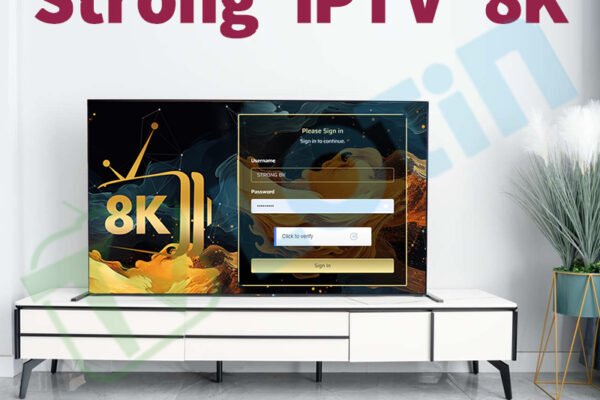 Strong 8K IPTV player login screen displayed on a smart TV with ultra HD streaming interface and modern home setup.
