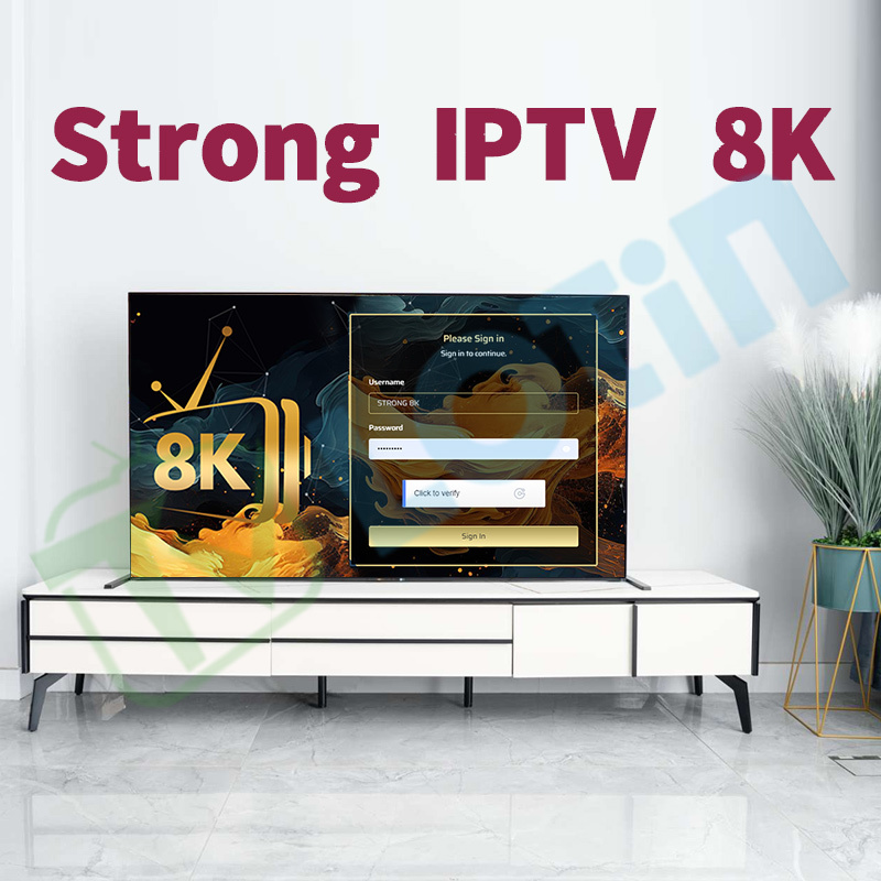 Strong 8K IPTV player login screen displayed on a smart TV with ultra HD streaming interface and modern home setup.