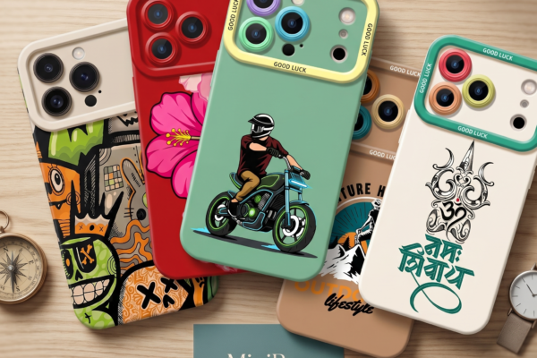 Five vibrantly designed MiniBay iPhone 15 cases displayed on a wooden surface with a compass, a watch, and a brand card.