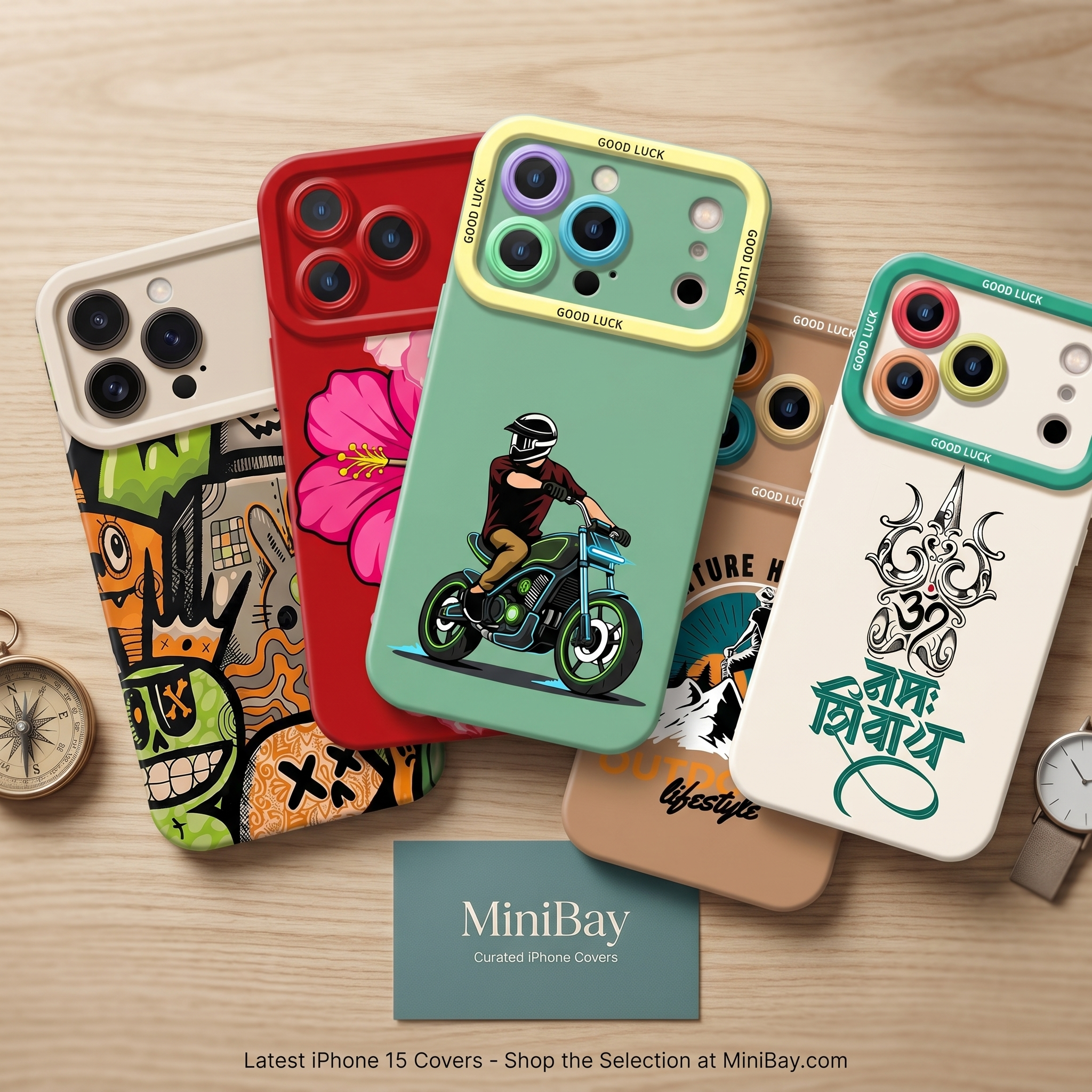 Five vibrantly designed MiniBay iPhone 15 cases displayed on a wooden surface with a compass, a watch, and a brand card.