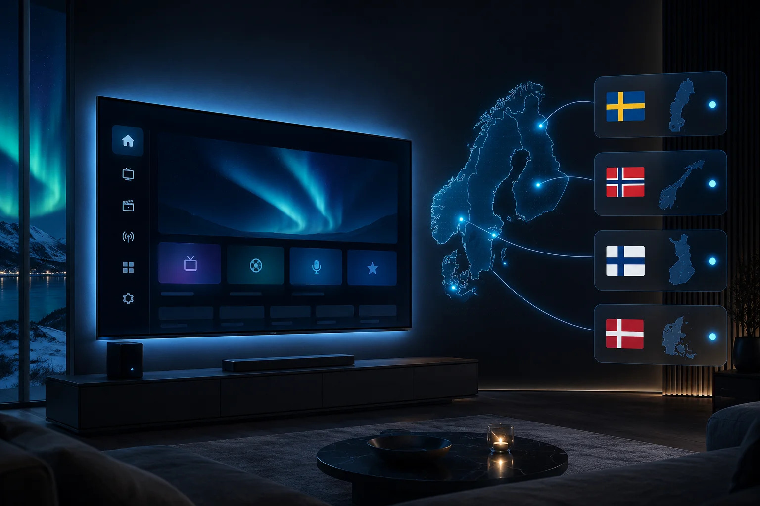 Person watching IPTV Norway streaming service on a smart TV with live channels, movies, and sports content.