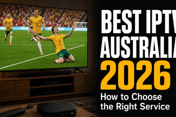Australian family using IPTV Australia on a Smart TV to watch live sports, movies, and entertainment with HD streaming quality.