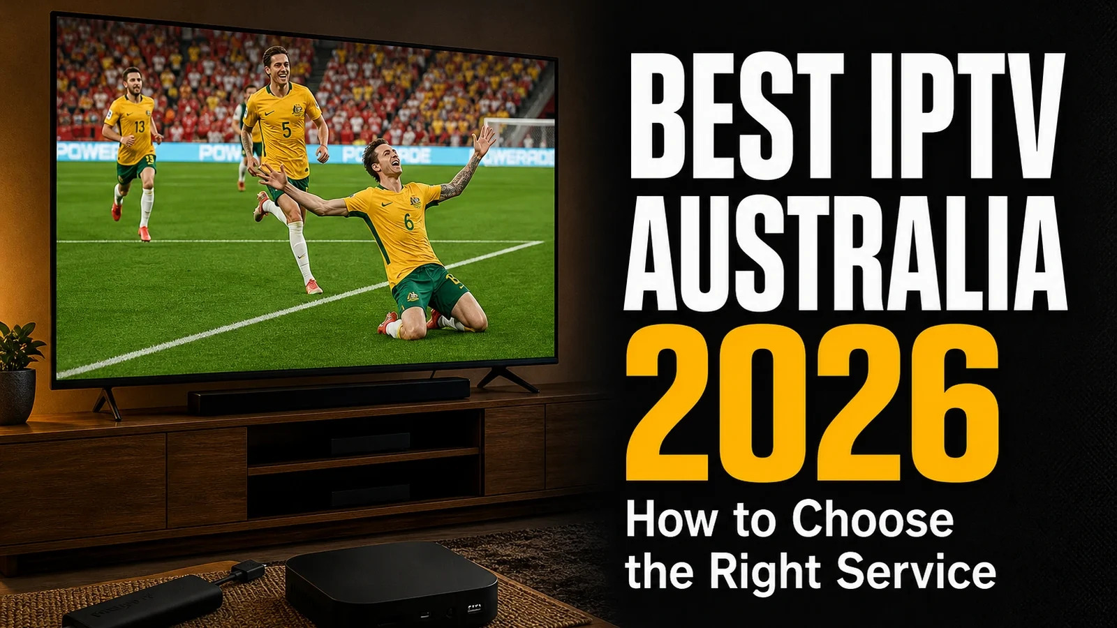 Australian family using IPTV Australia on a Smart TV to watch live sports, movies, and entertainment with HD streaming quality.