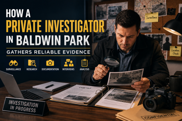 Private investigator examining business investigation evidence