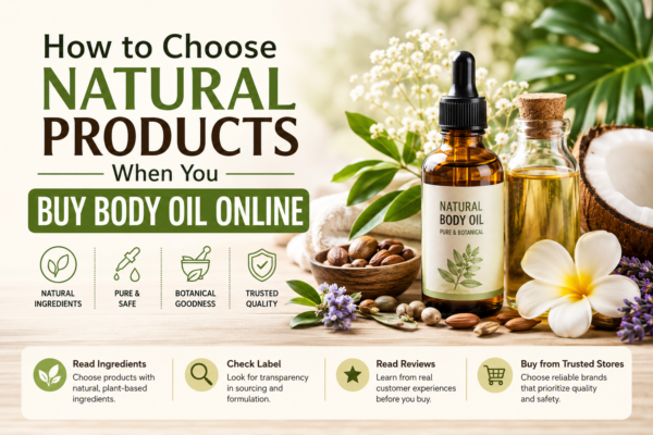 Natural body oil bottles with botanicals