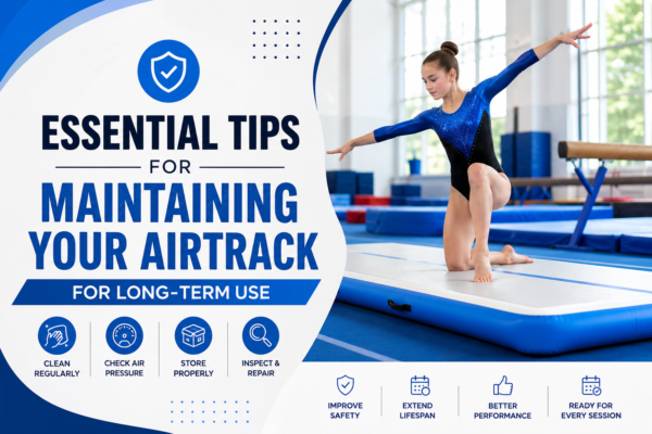Young gymnast practicing on a blue Airtrack in a modern gym