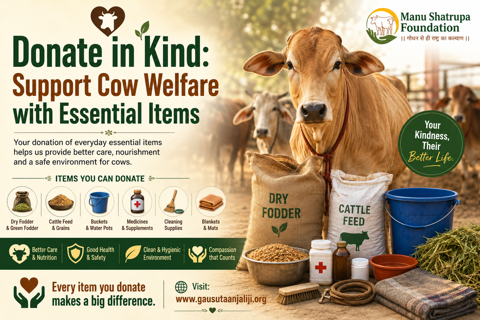 Donate in Kind to support cow welfare with essential items for rescued cows.