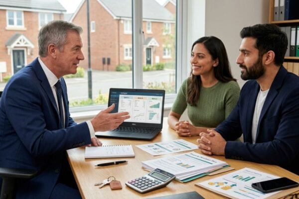 Couple comparing flexible mortgage options with a mortgage adviser