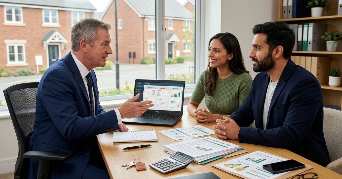 Couple comparing flexible mortgage options with a mortgage adviser