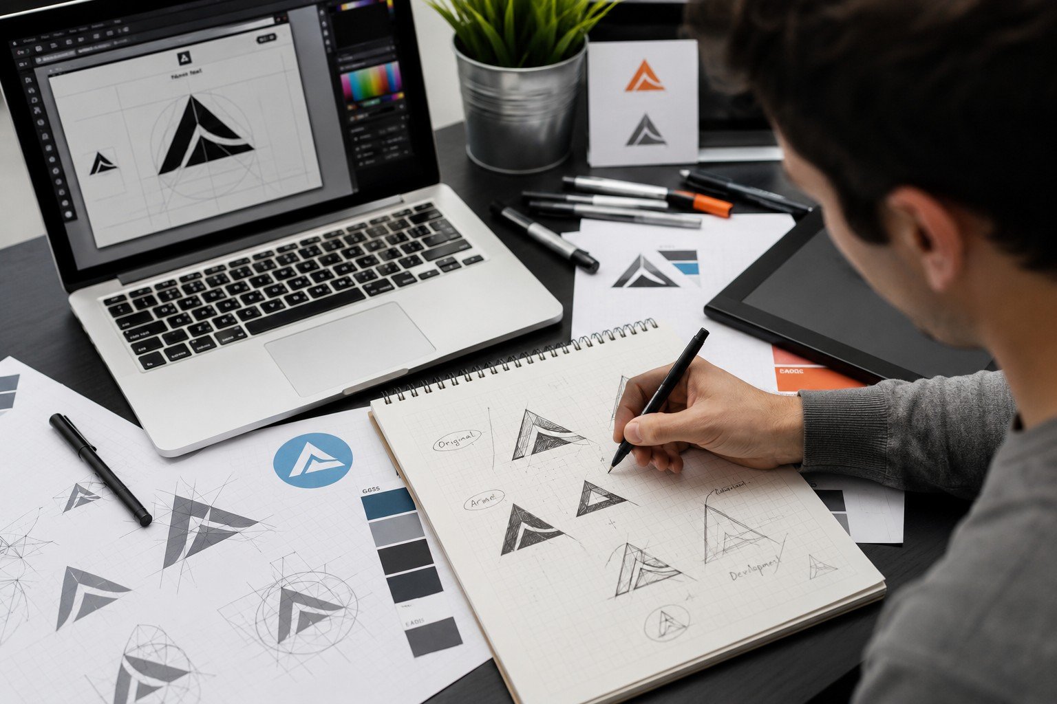 Graphic designer creating logo concepts in a sketchbook beside a laptop in a modern design studio