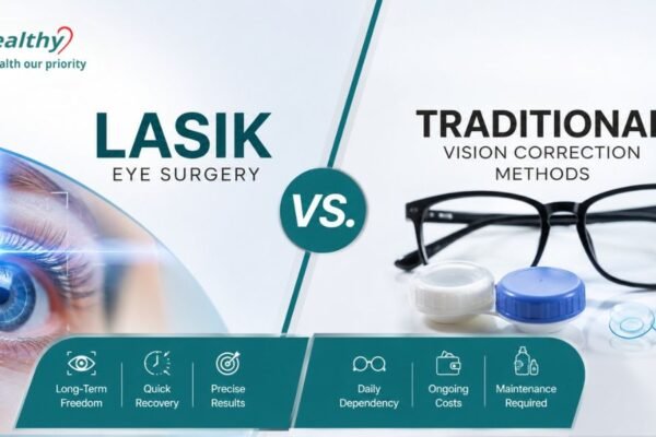 LASIK Eye Surgery vs traditional vision correction methods with eyeglasses and contact lenses, highlighting quick recovery, precise results, long-term freedom, daily dependency, ongoing costs, and maintenance.