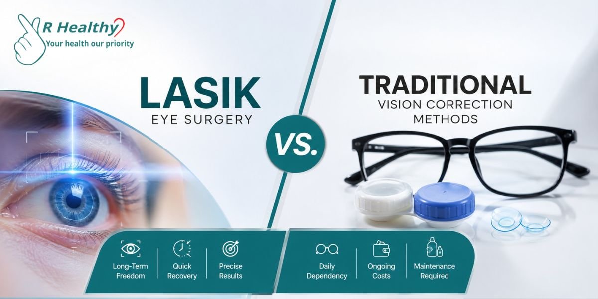 LASIK Eye Surgery vs traditional vision correction methods with eyeglasses and contact lenses, highlighting quick recovery, precise results, long-term freedom, daily dependency, ongoing costs, and maintenance.
