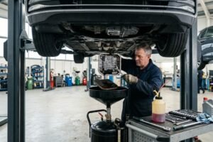 Mechanic performing a transmission fluid change during car maintenance