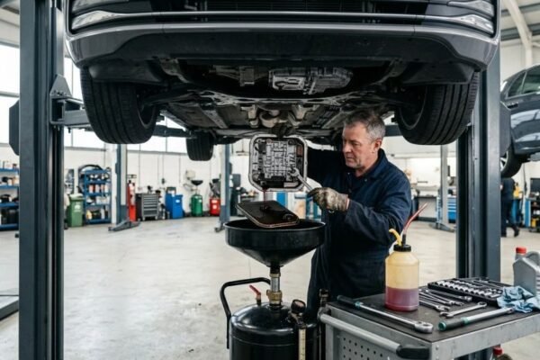Mechanic performing a transmission fluid change during car maintenance