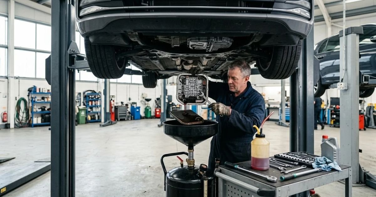 Mechanic performing a transmission fluid change during car maintenance