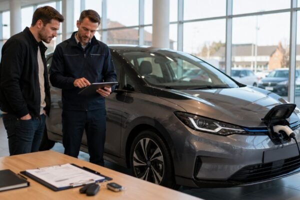 Buyer inspecting a used electric car before purchase