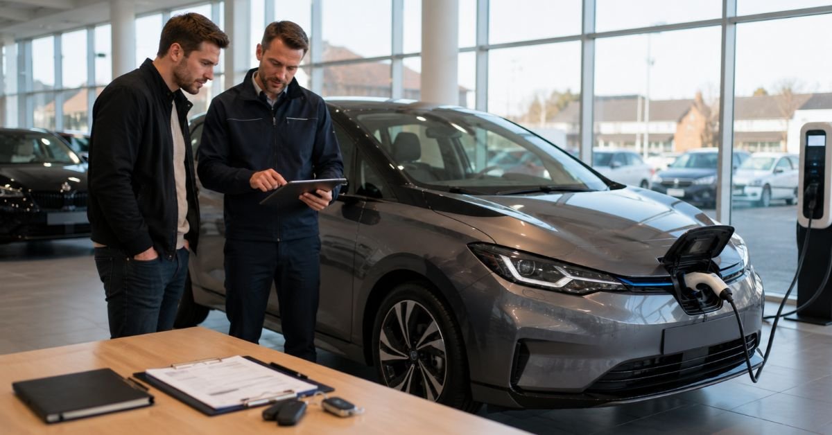 Buyer inspecting a used electric car before purchase