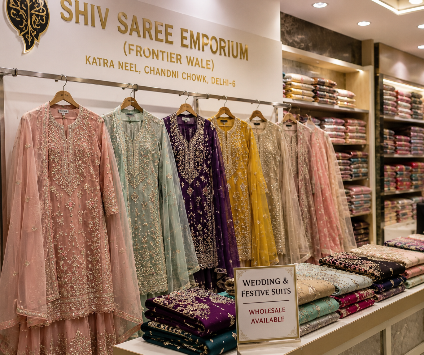 Shiv Saree Emporium logo with gold text on a black background, featuring the business name and location "Chandni Chowk, Rani Bagh, Delhi."