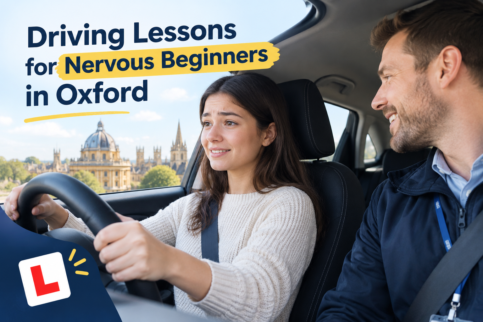 Driving lessons for nervous beginners in Oxford with a learner driver and instructor inside a car.