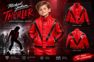 Michael Jackson Thriller Kids Red and Black Leather Jacket Front and Back View