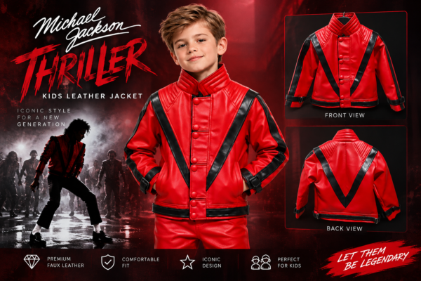 Michael Jackson Thriller Kids Red and Black Leather Jacket Front and Back View