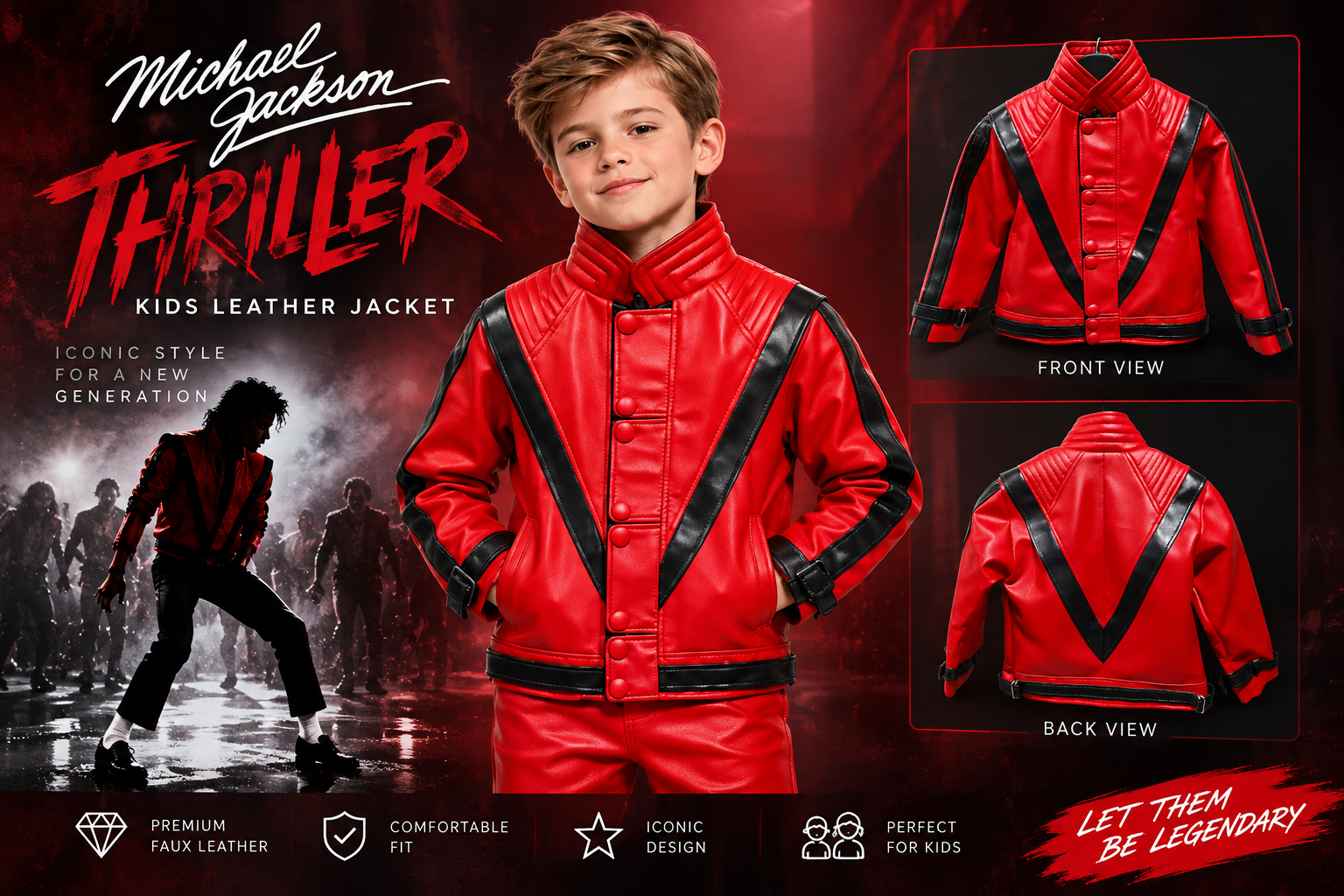 Michael Jackson Thriller Kids Red and Black Leather Jacket Front and Back View