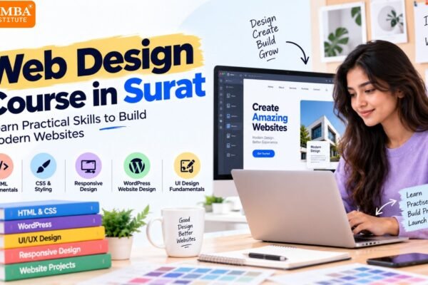A student creating a modern, responsive website interface in a web design class at Simba Institute in Surat.