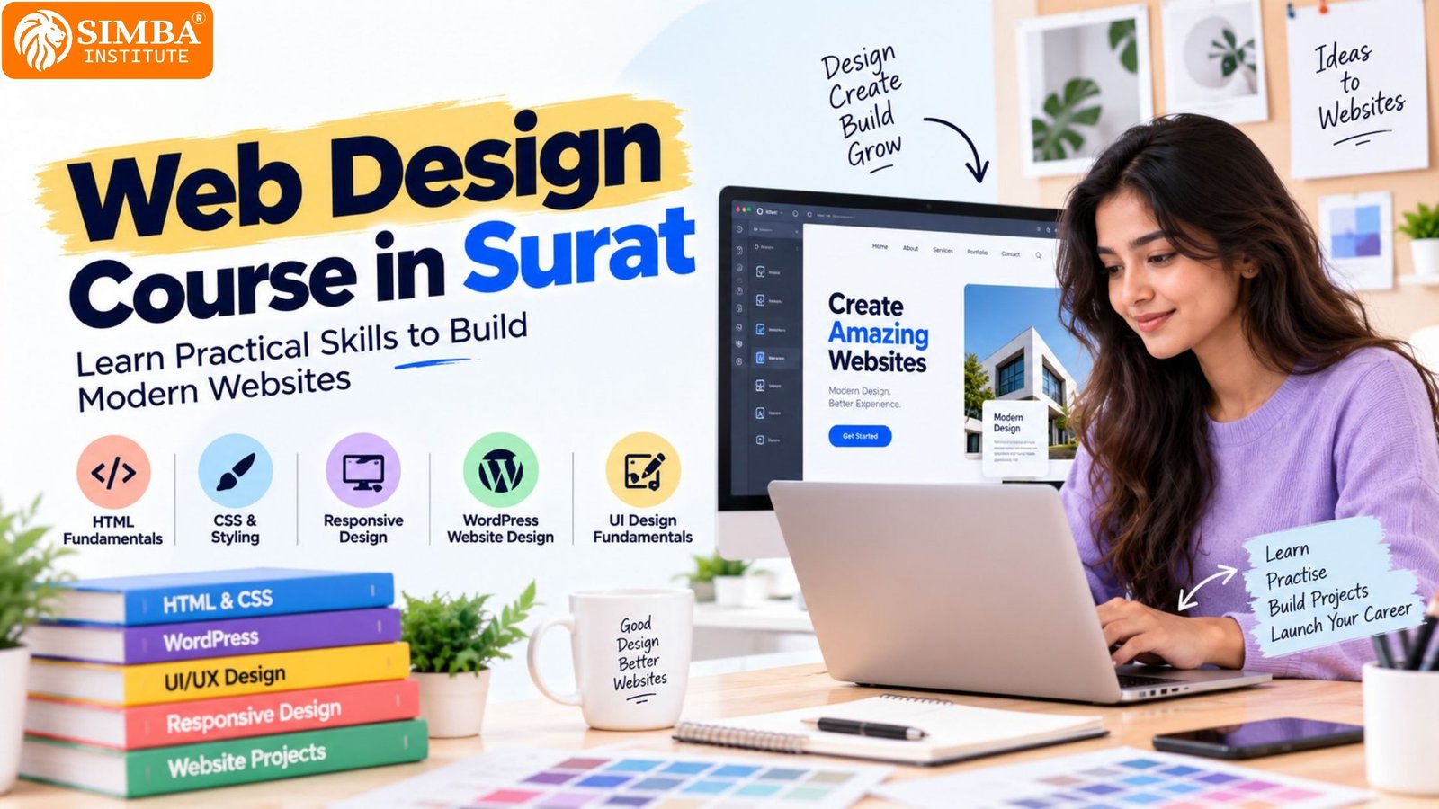 A student creating a modern, responsive website interface in a web design class at Simba Institute in Surat.