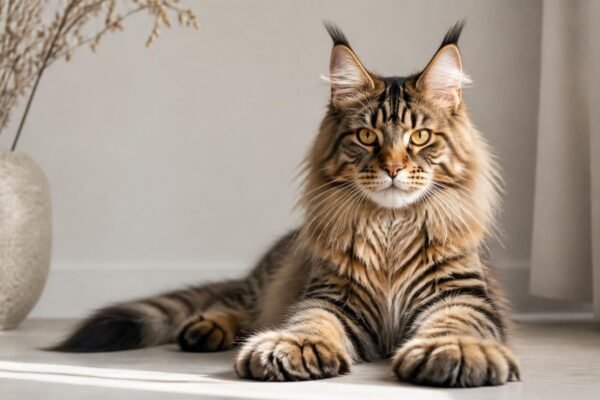 Tabby Maine Coon kitten with fluffy coat and distinctive markings