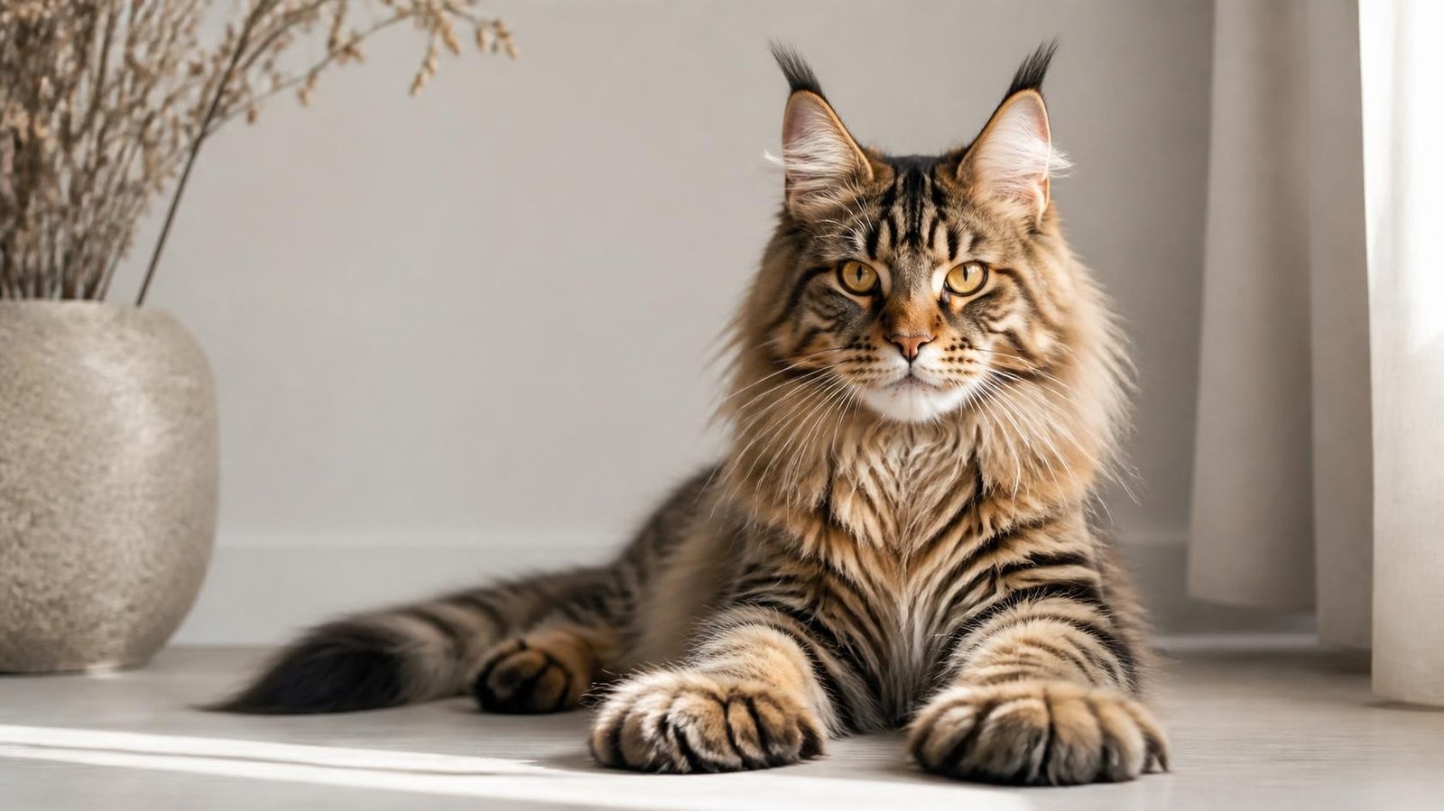 Tabby Maine Coon kitten with fluffy coat and distinctive markings