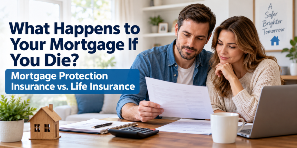 Couple reviewing mortgage documents while comparing mortgage protection insurance and life insurance