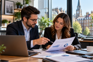 Accountants in Leeds discussing tax returns and business accounts with a client