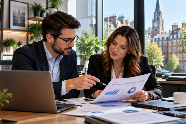 Accountants in Leeds discussing tax returns and business accounts with a client