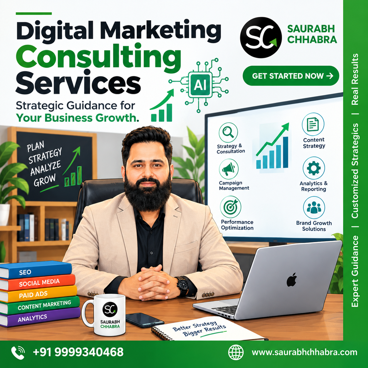 Digital marketing consulting services by Saurabh Chhabra, featuring AI-powered marketing strategies, SEO, PPC advertising, social media marketing, content strategy, campaign management, analytics, and business growth solutions.