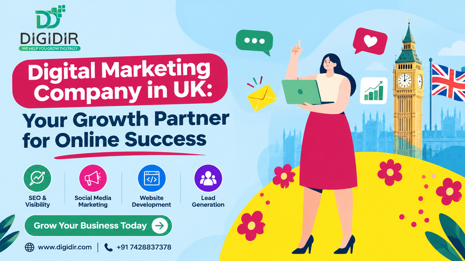 Digital marketing company in UK by DigiDir, offering SEO, social media marketing, website development, and lead generation services to help businesses grow online.