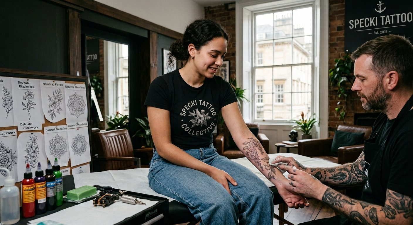 Alt text: Tattoo styles and creative designs available at a professional tattoo shop in Bath.