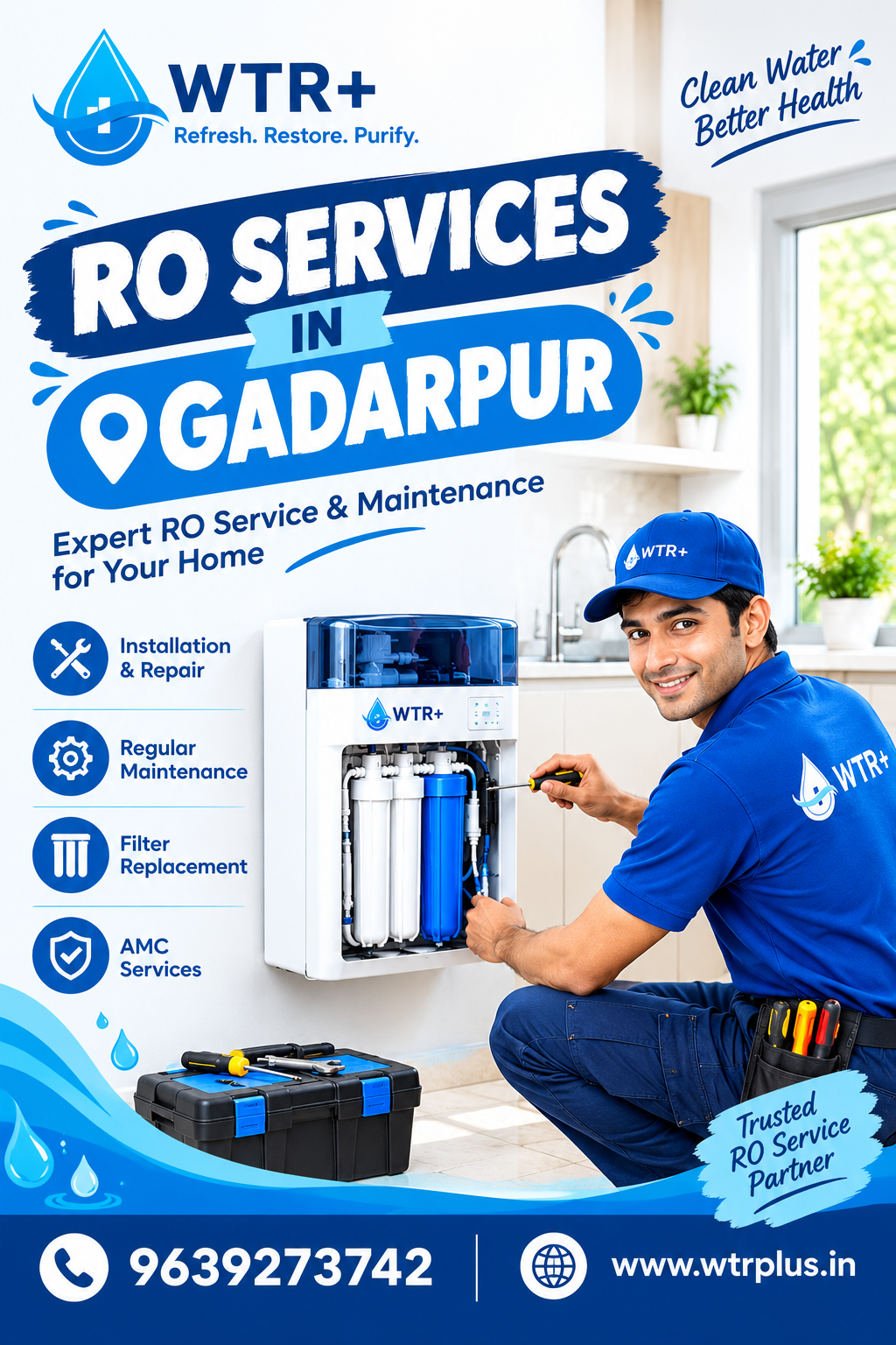 RO services in Gadarpur by WTR+ for water purifier installation, repair, maintenance, filter replacement, and AMC services.