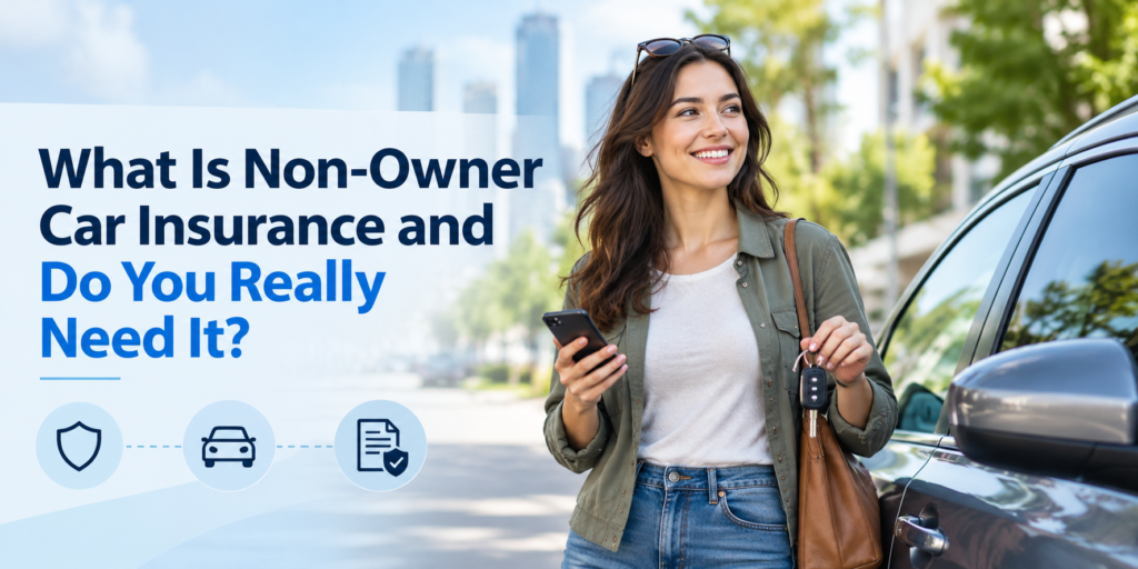 Woman holding car keys beside a vehicle while learning about non-owner car insurance coverage.